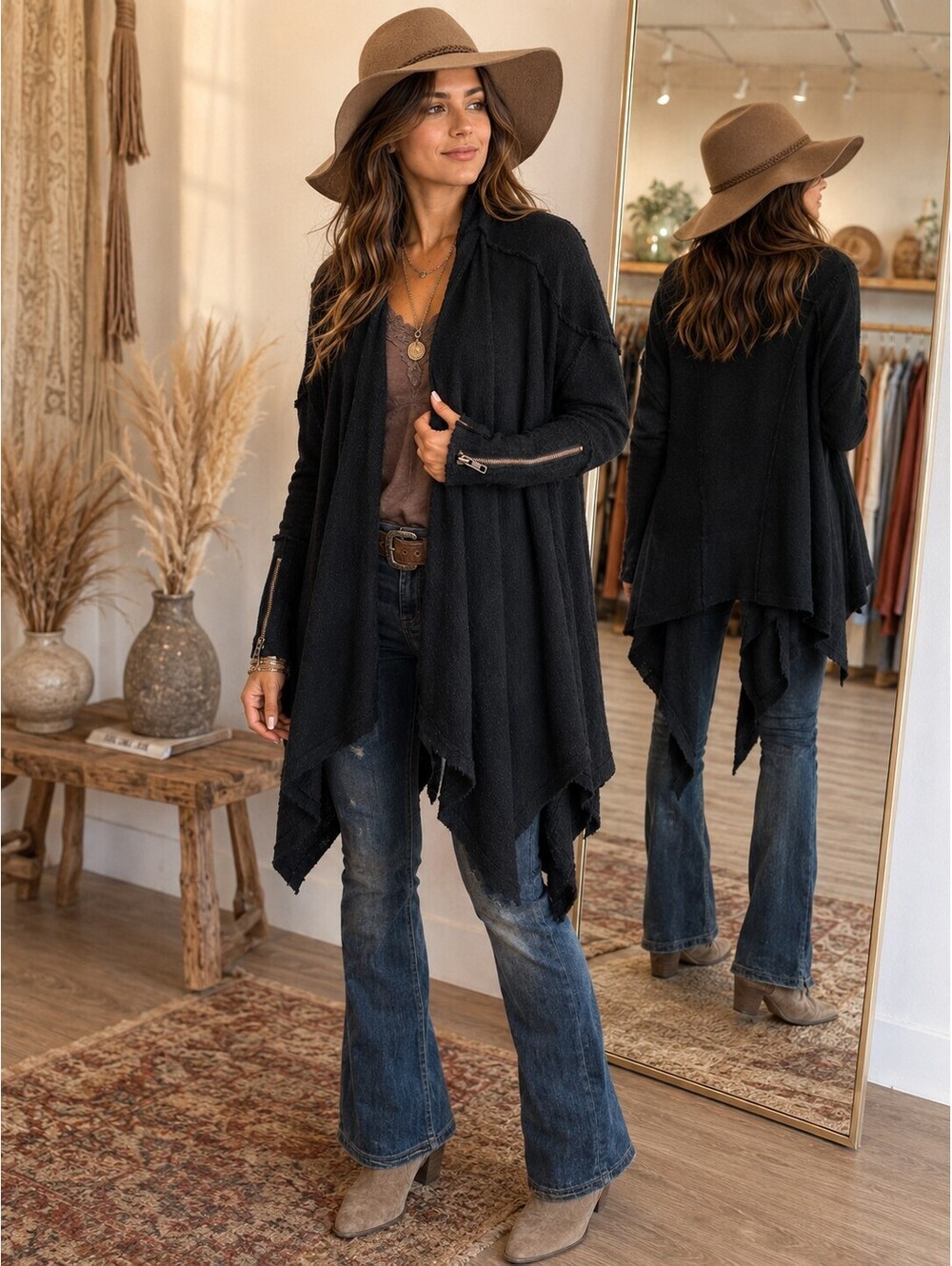 Free People In The Loop Cardigan Black Raw Seam Waterfall Women’s XS